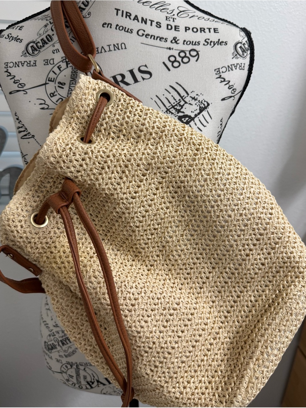 Monte Woven Straw Bucket Bag with Tan Leather Trim